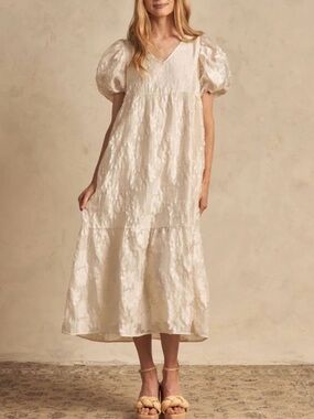 Rylee and Cru Puff-Sleeve Midi Dress in Cream